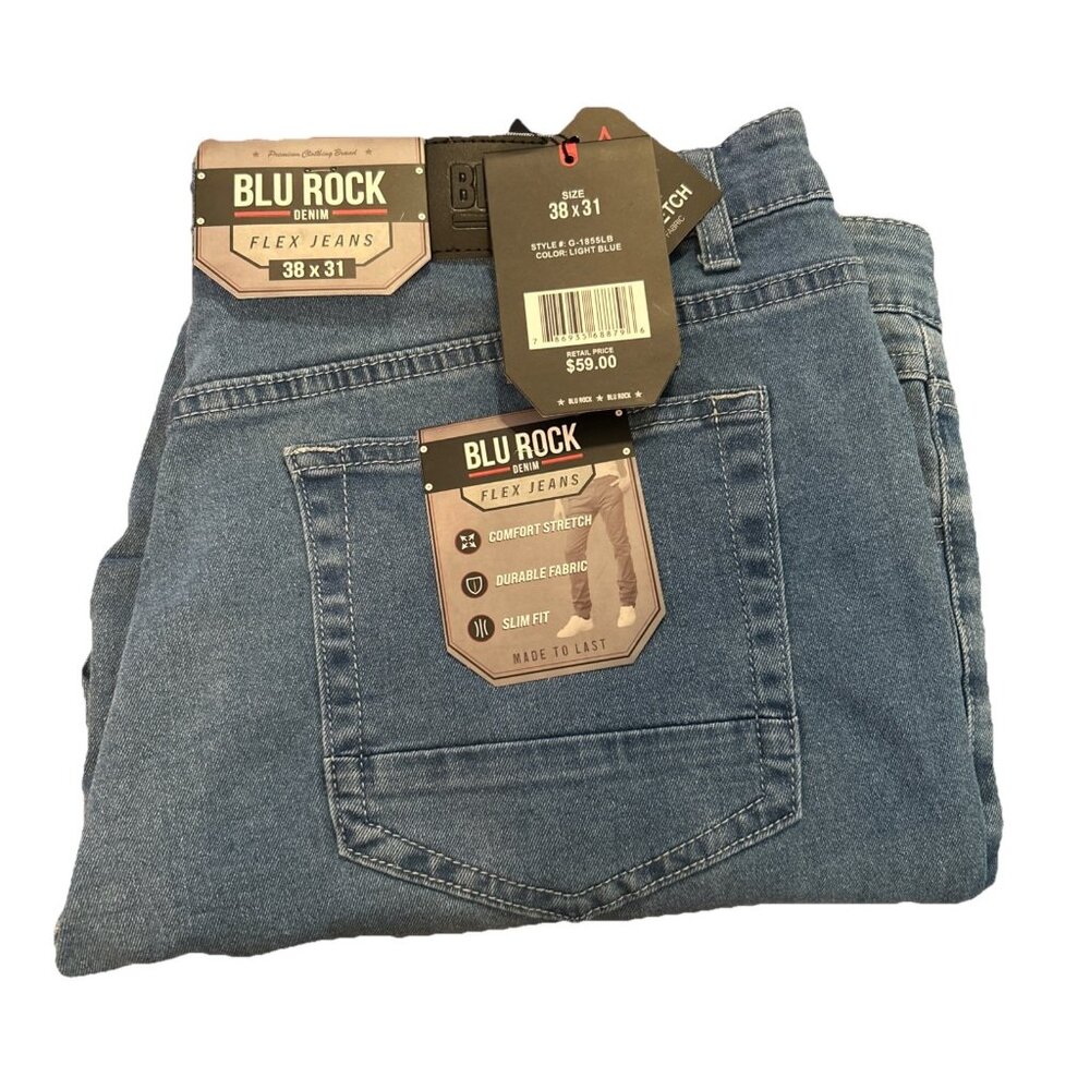 Men’s BLU ROCK DENIM FLEX JEANS - SIZE: 38 X 31 - Lt Blue MSRP $59.00